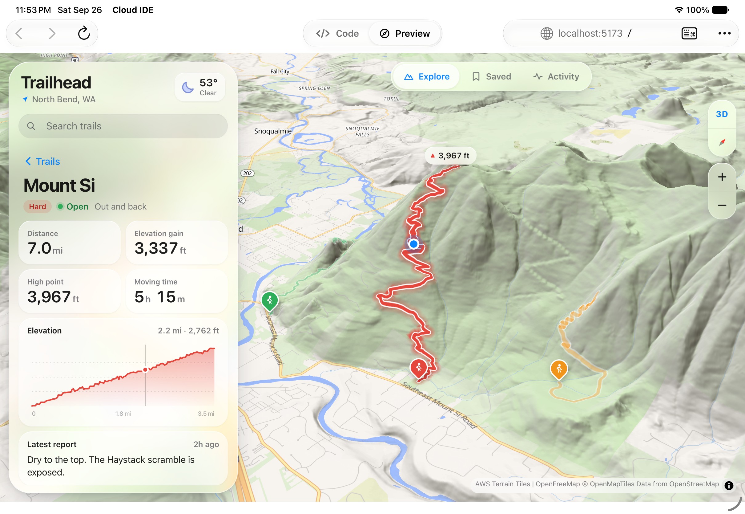 Trailhead running in the Preview tab: a 3D map of Mount Si, with a finger on the elevation chart marking the same spot on the trail.
