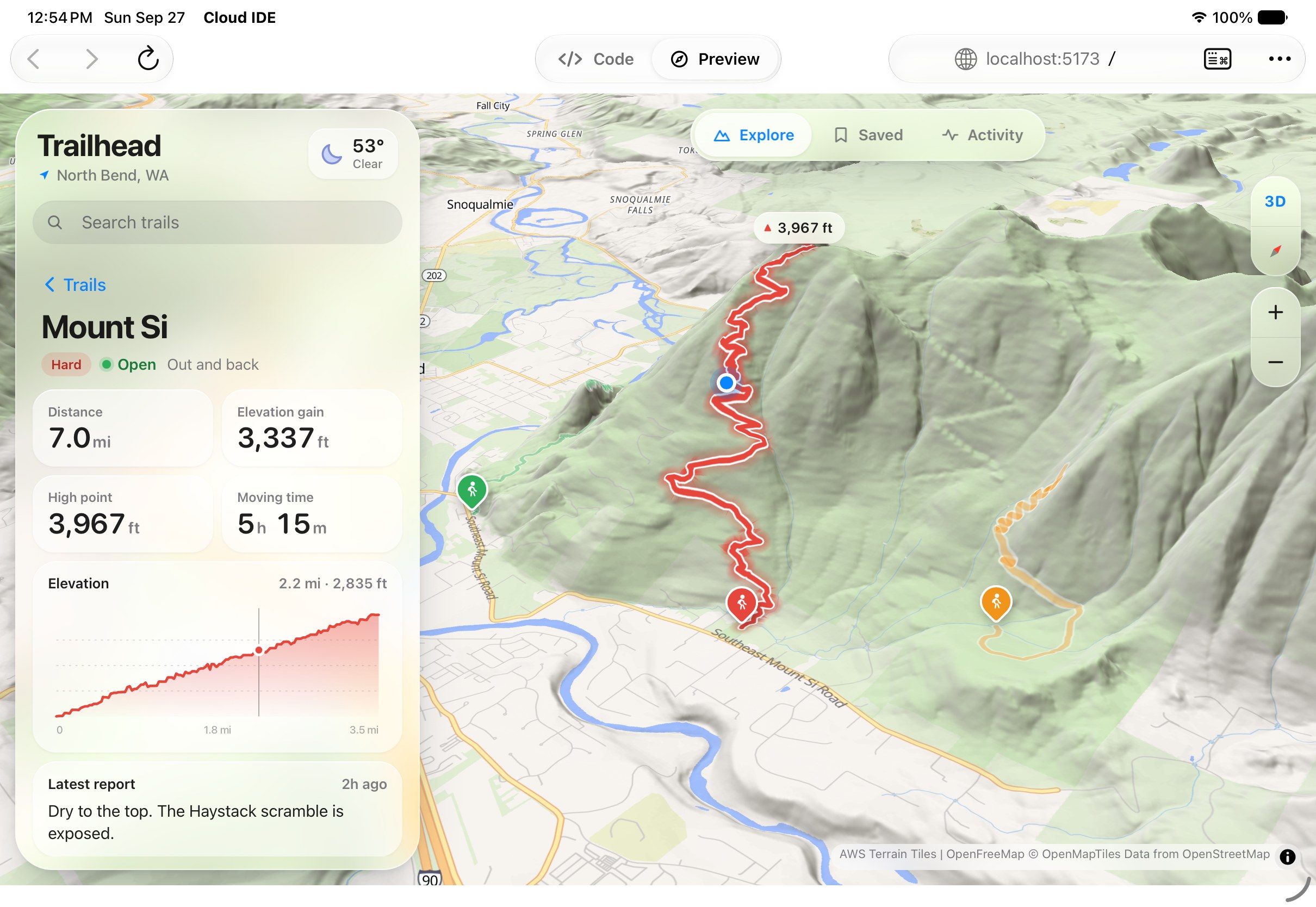 Trailhead running in the Preview tab: a 3D map of Mount Si, with a finger on the elevation chart marking the same spot on the trail.