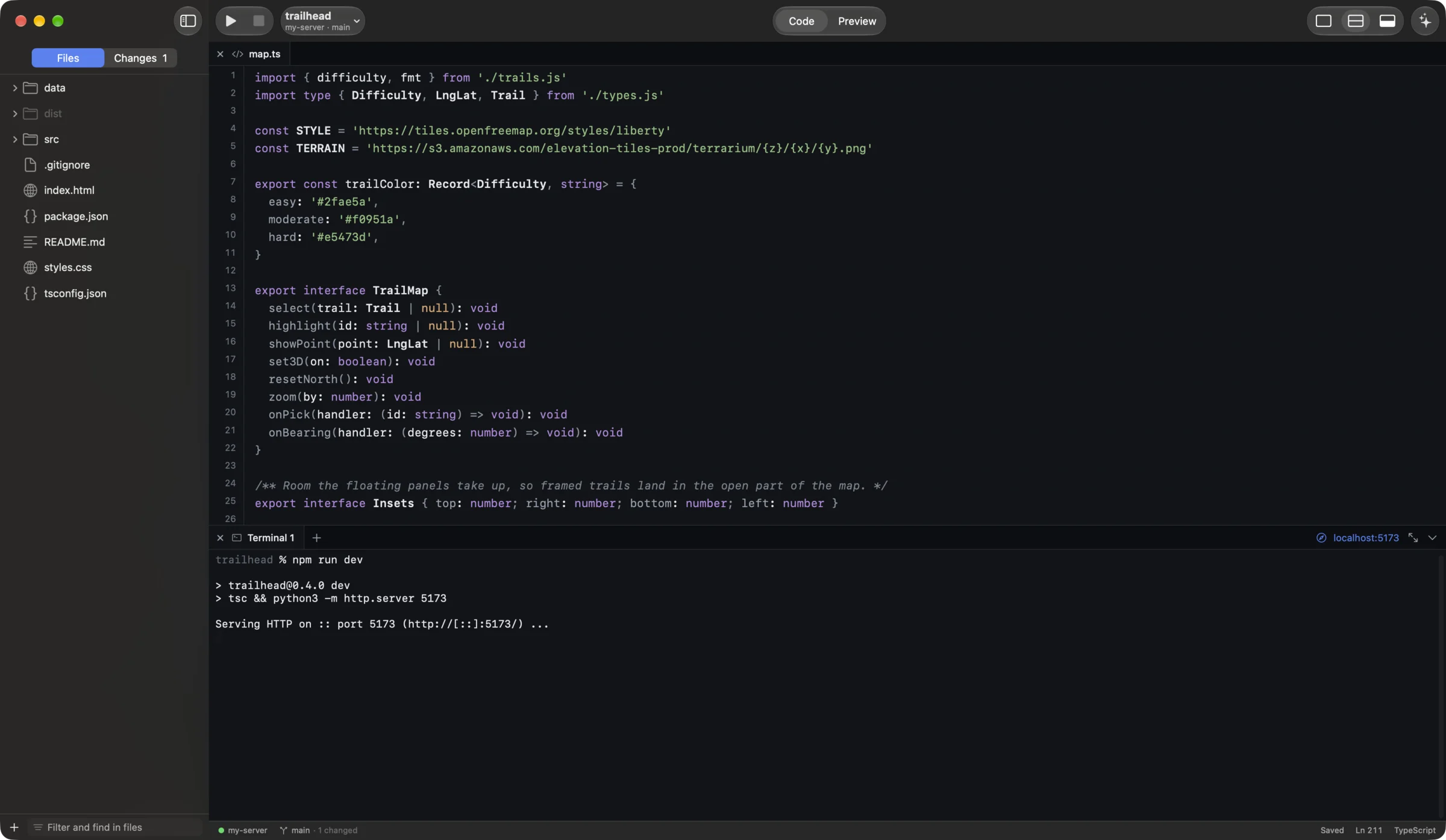 The Serin Cloud IDE Mac app in dark mode: map.ts from the Trailhead project open in the editor, the file list in the sidebar, and npm run dev serving the site in the terminal below, on a server named my-server.
