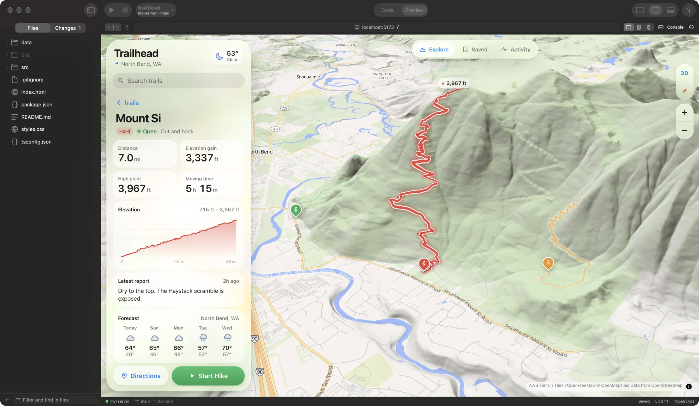 Trailhead running in the Mac app's Preview: a 3D terrain map of Mount Si with the trail drawn in red, next to a panel with the hike's distance, elevation gain, an elevation chart and the forecast.