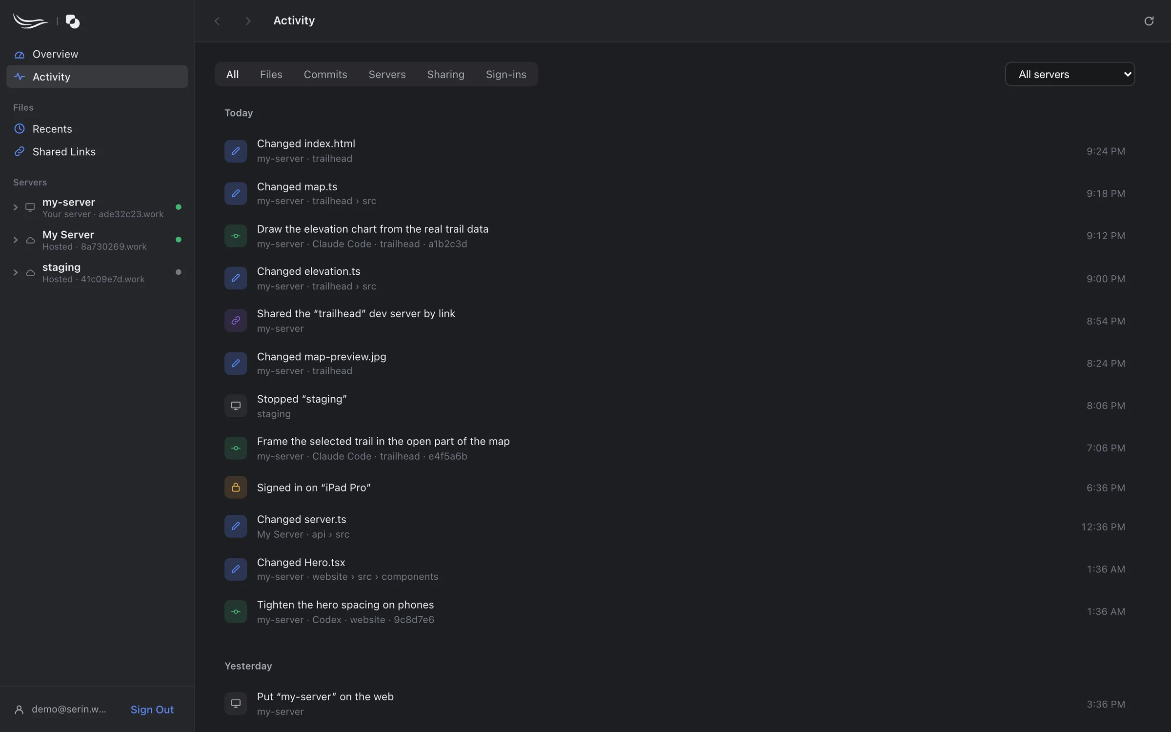 Activity on serin.work: file changes, commits by agents, a shared dev server, a stopped server and a sign-in, grouped by day with filters.