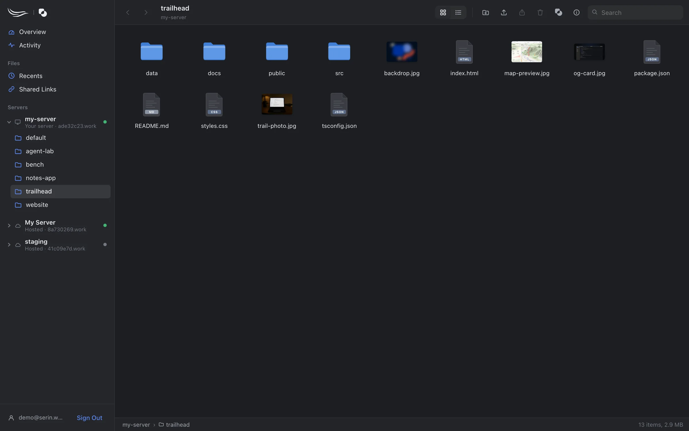 The Trailhead workspace on serin.work as icons: folders, source files and image thumbnails.