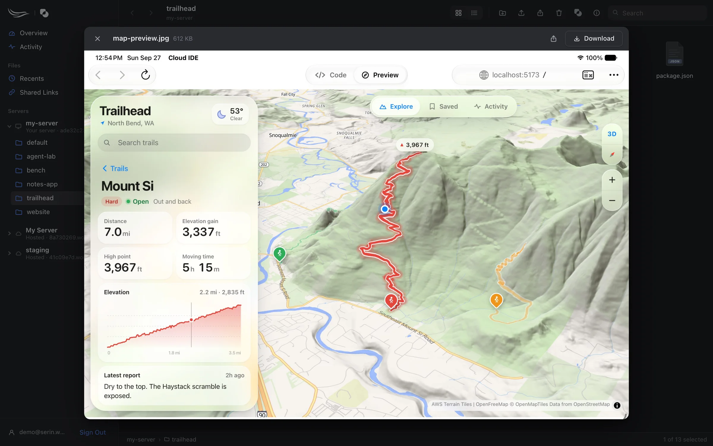 Quick Look on serin.work showing map-preview.jpg, a screenshot of the Trailhead app's trail map, with Share and Download.