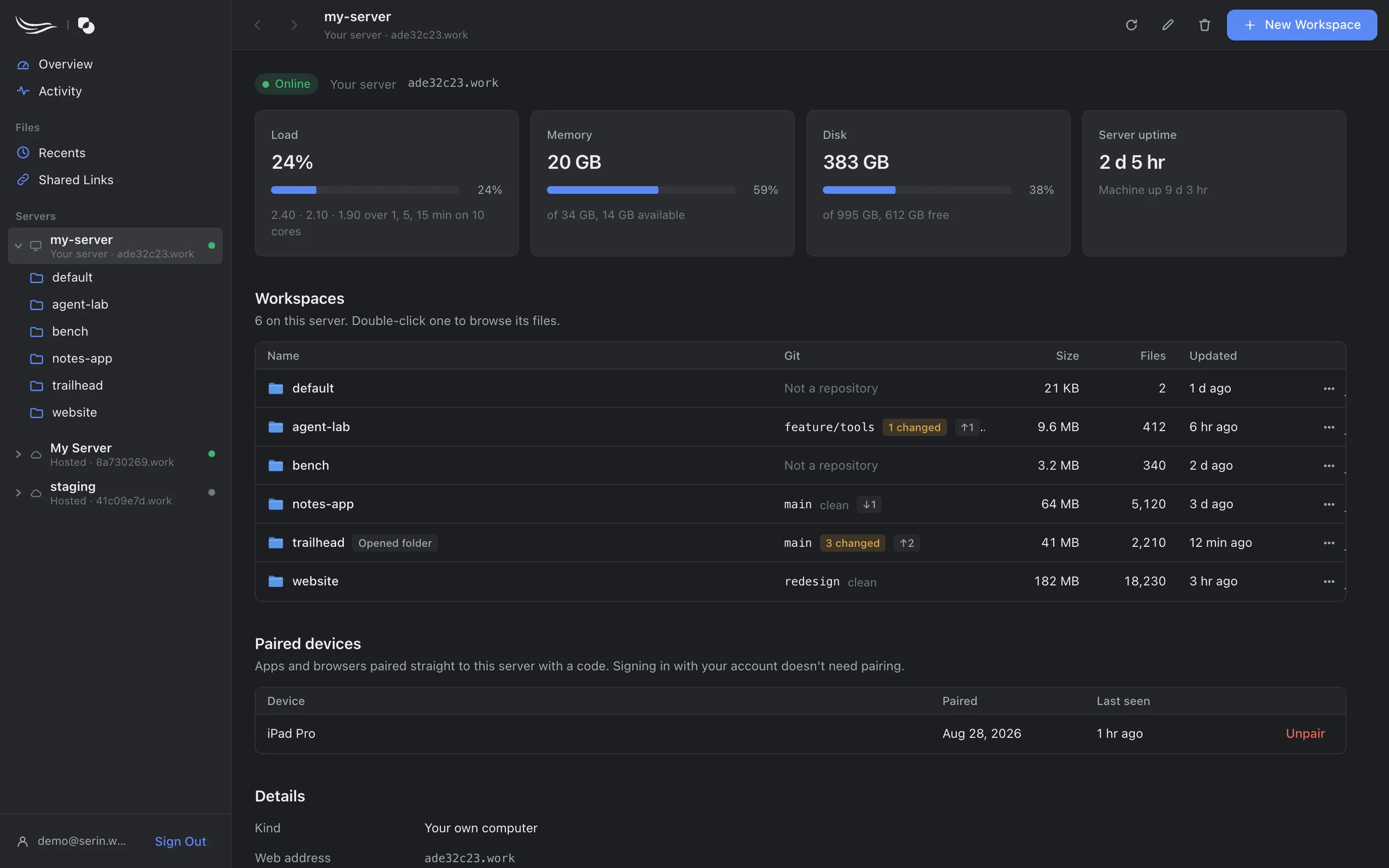 A server's page on serin.work: status, load, memory, disk and uptime, and a table of its workspaces with git branch, changes, size, file count and last update.