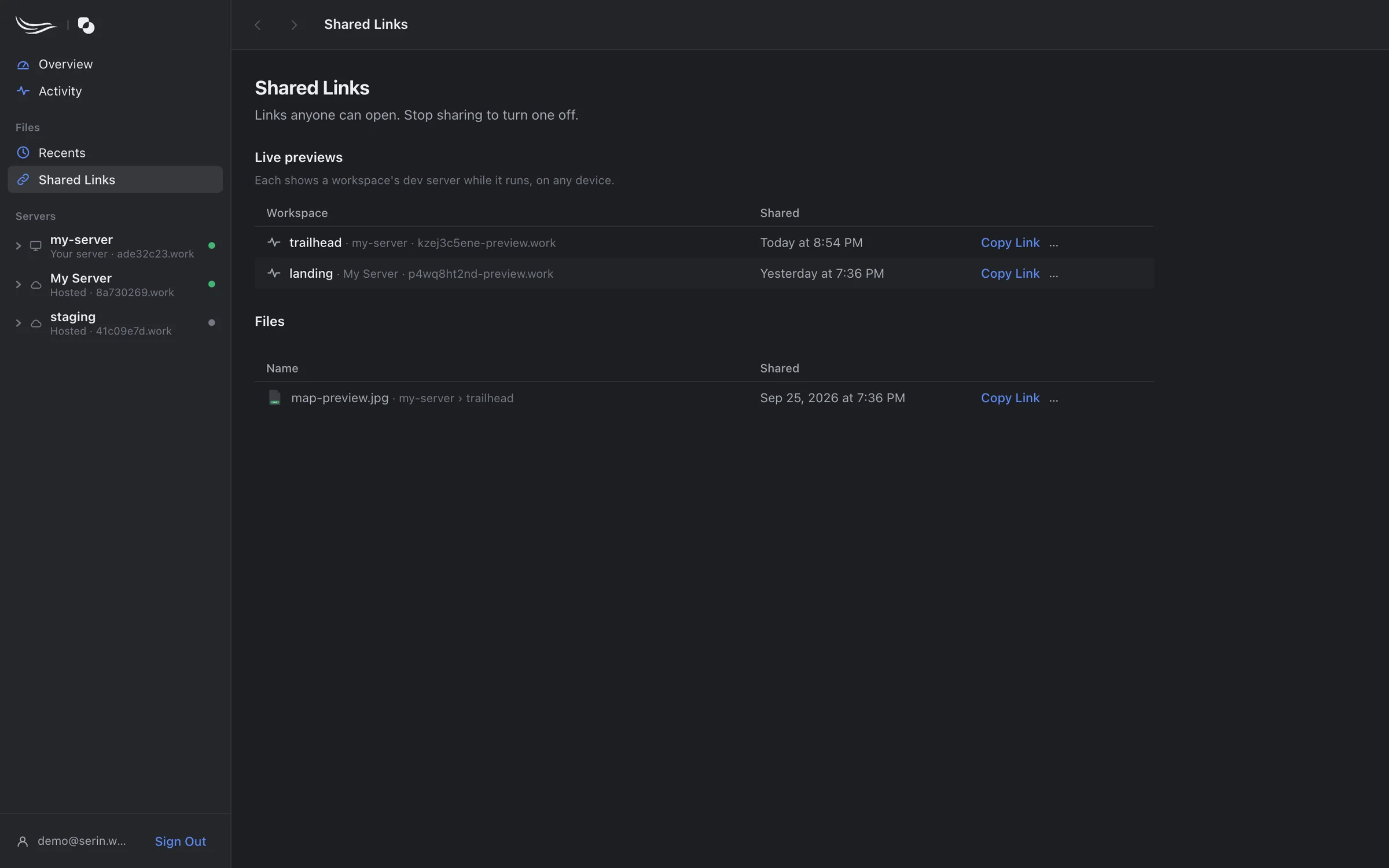 Shared Links on serin.work: two live dev server previews and a shared file, each with Copy Link and Stop Sharing.